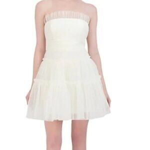 398$ BCBGMAXAZRIA Strapless Tiered Tulle Mini Party Dress Women's Size 0 White